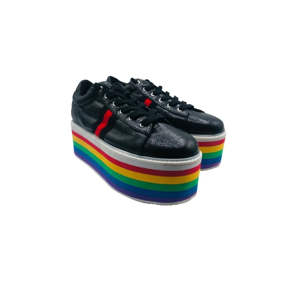 CAPE ROBBIN SUPER PLATFORM BLACK FAUX LEATHER LACE UP RAINBOW PLATFORM SIZE 9